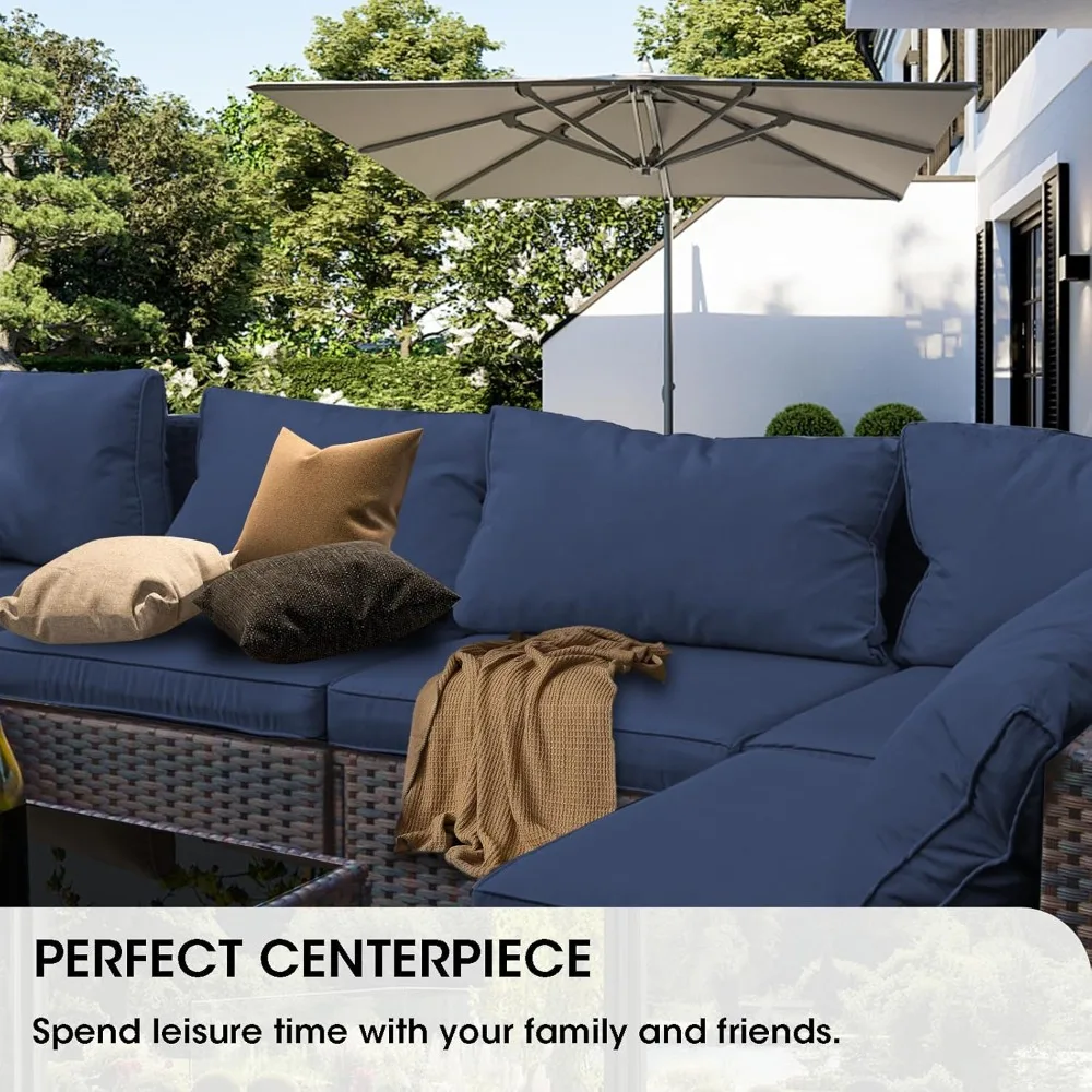 15 pieces of terrace furniture combination sofa with 50000 BTU propane gas pit table, blue 4