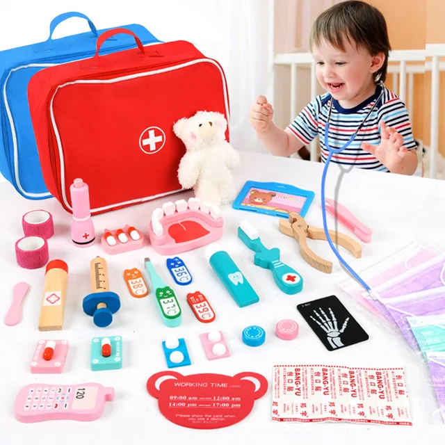 Doctor Toys Kids Wooden Pretend Play Kit Games for Girls Boys Red Medical Dentist Medicine Box Cloth Bags for Children Set Gift 1