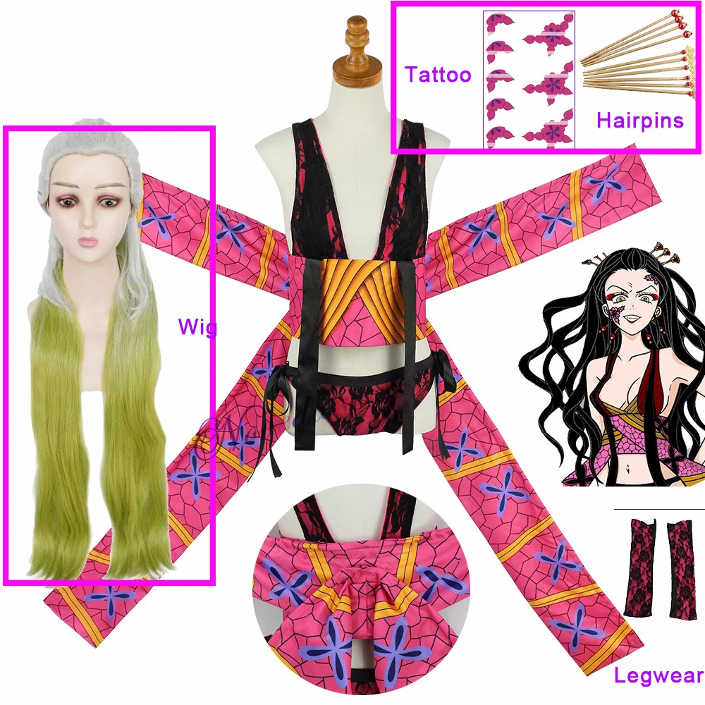 thumbnail image 1 of Disfraz de Cosplay de Daki Seaon 2, horquillas para el pelo, peluca con tatuaje, disfraz de Anime, Upper Moon 6, vestido de kimono sexy, traje de fiesta para mujer, 1 of 5