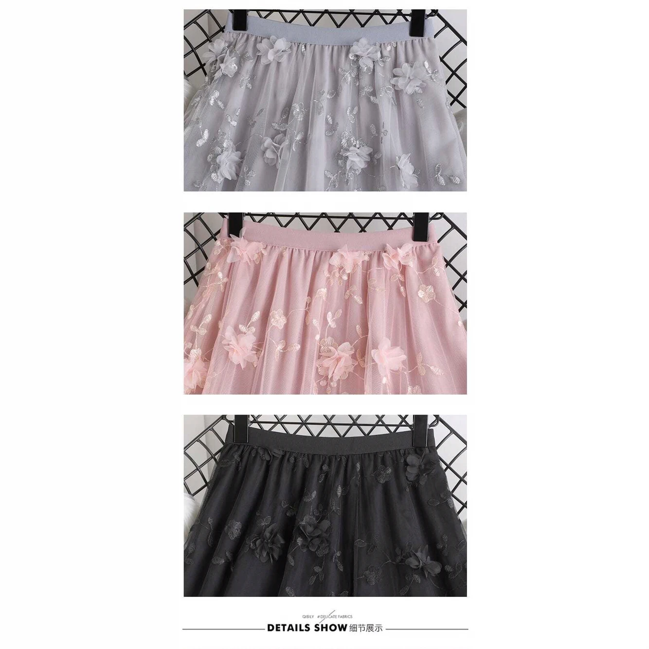 Luxury Woman Skirts 2021 Korean style Fashion Elastic Waist Appliques Embroidery Floral Mesh Skirt Long Gauze Ball Gown Skirt short skirt