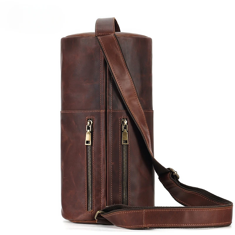 New Retro Crossbody Bag Niche Fashion Trend Cylinder Bag Men's Genuine Leather Crossbody Shoulder Bag