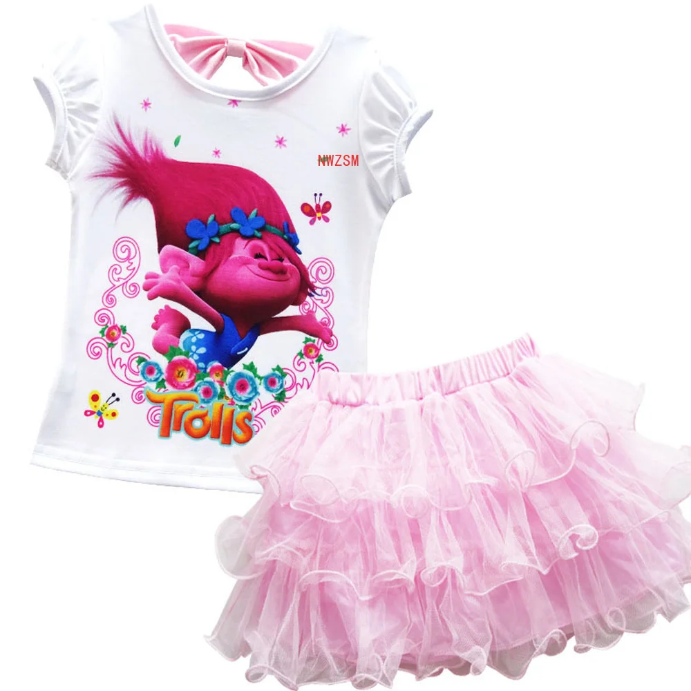 Kids Cosplay Costume Fashion Girls Anime Trolls T-shirt + Skirt 2pcs Birthday Party Costume Summer Dress Cartoon Short Sleeve Outfits