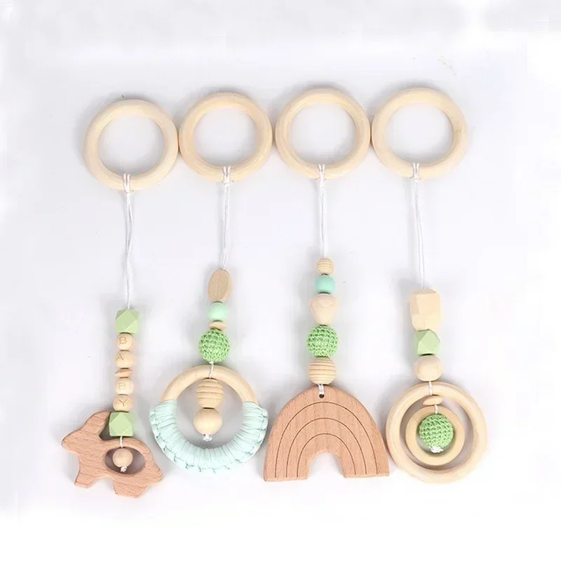 Wood Teether Toddler Hanger Rattle Wood Ring Teething Toys For Newborn Baby Pram Toy Bebe Baby Play Gym Silicone Beads 4PCS/Set