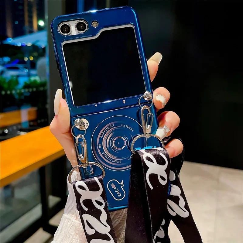 Blu-ray Retro Camera Flip5 Phone Case For Samsung Galaxy Z Flip 5 4 3 5G Crossbody Lanyard Protective Flip3 Flip4 Cover