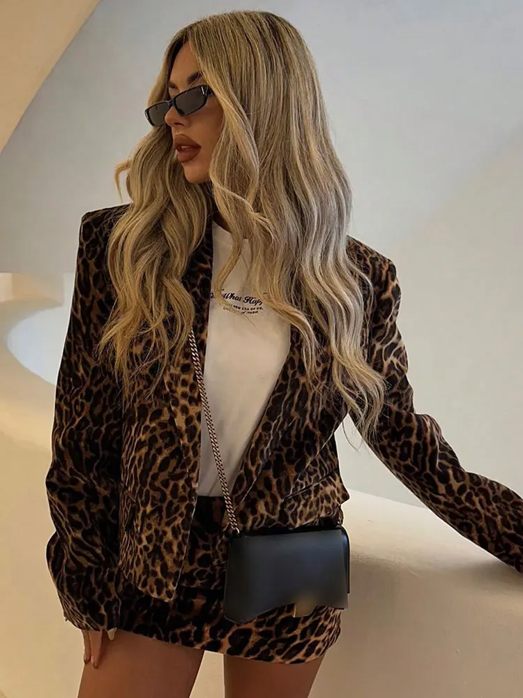 HH Women Fashion Leopard Print Short Blazers Coat Elegant Woman Long Sleeve Suit Jacket Y2K Vintage High Street Lady Outwear