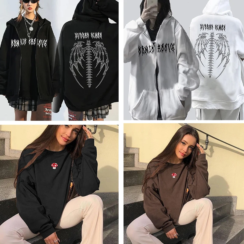 

Streetwear Harajuku Loose Hoodie Zip Sleeve Pocket Fall Sweatshirt Retro Goth Hip Hop High Street Sweatshirt Style Oversized