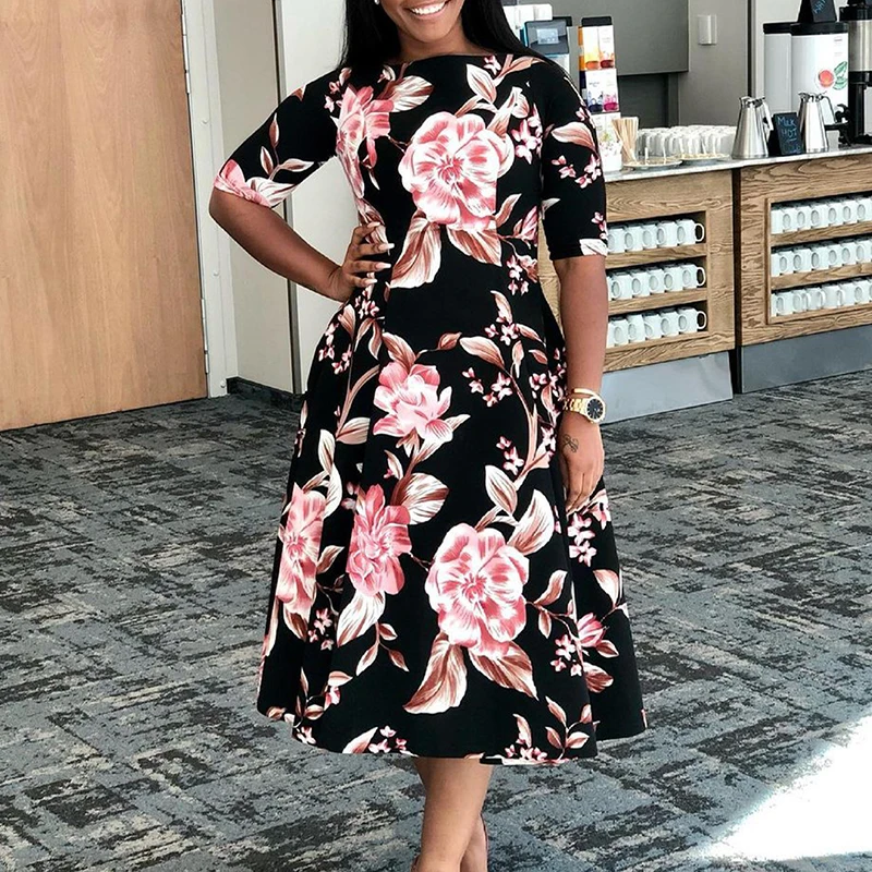 

Spring Autumn Casual High Street A-line Long Dress Elegant Flower Print Half Sleeve Dress Female O Neck High Waist Commute Dress