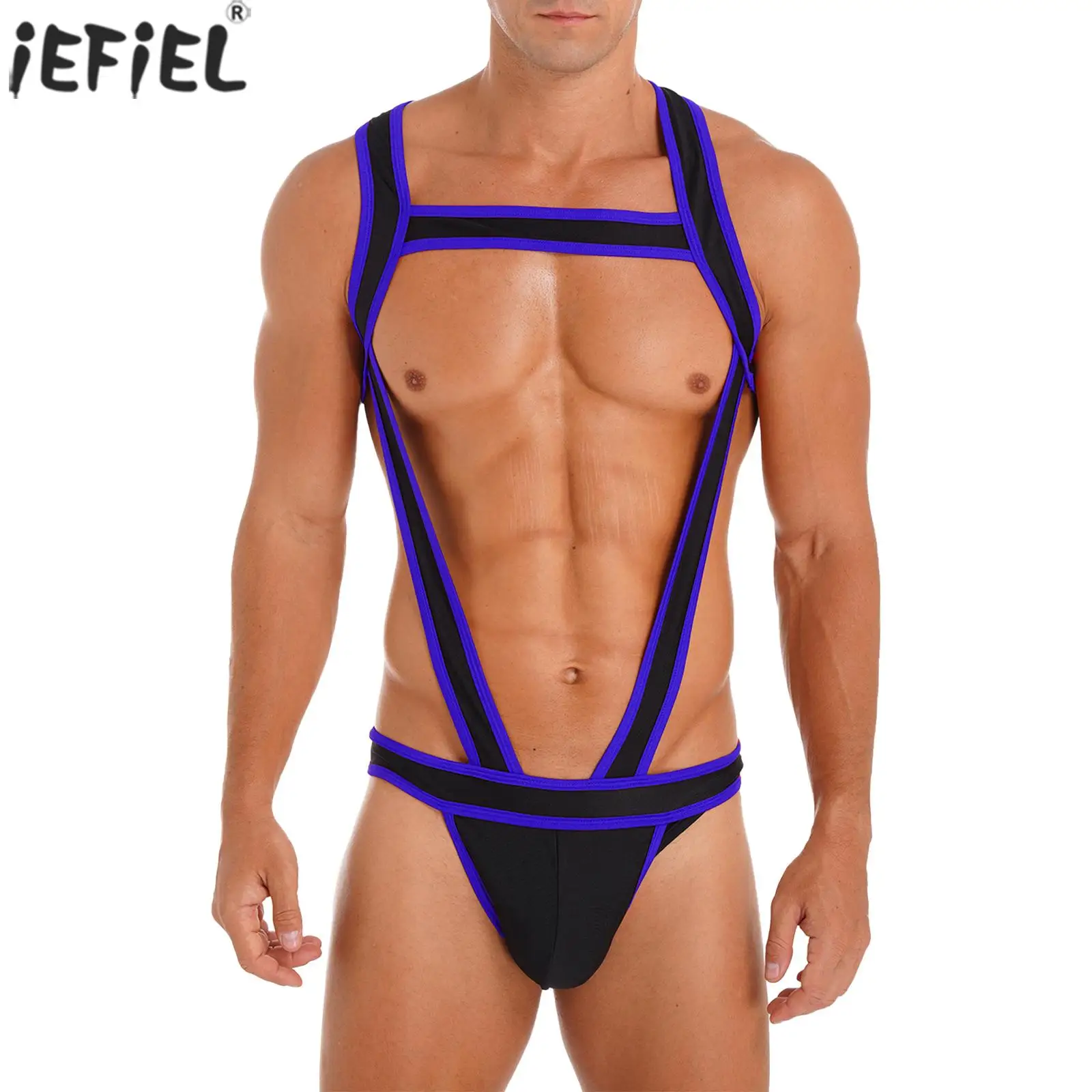 

Mens Sissy Contrast Color Hollow Out Trim Chest Harness Jumpsuits Bulge Pouch Jockstrap Underwear One-piece Erotic Bodysuit
