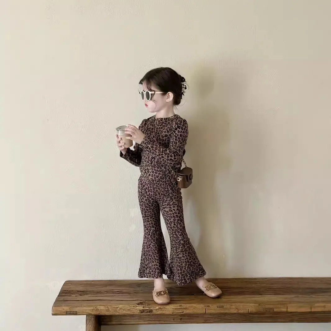 Mädchen Langarm Anzug Frühling und Herbst Neue Koreanische Mädchen Leopard Anzug Kinder Langarm Zwei-Stück Anzug Kinder der Kleidung