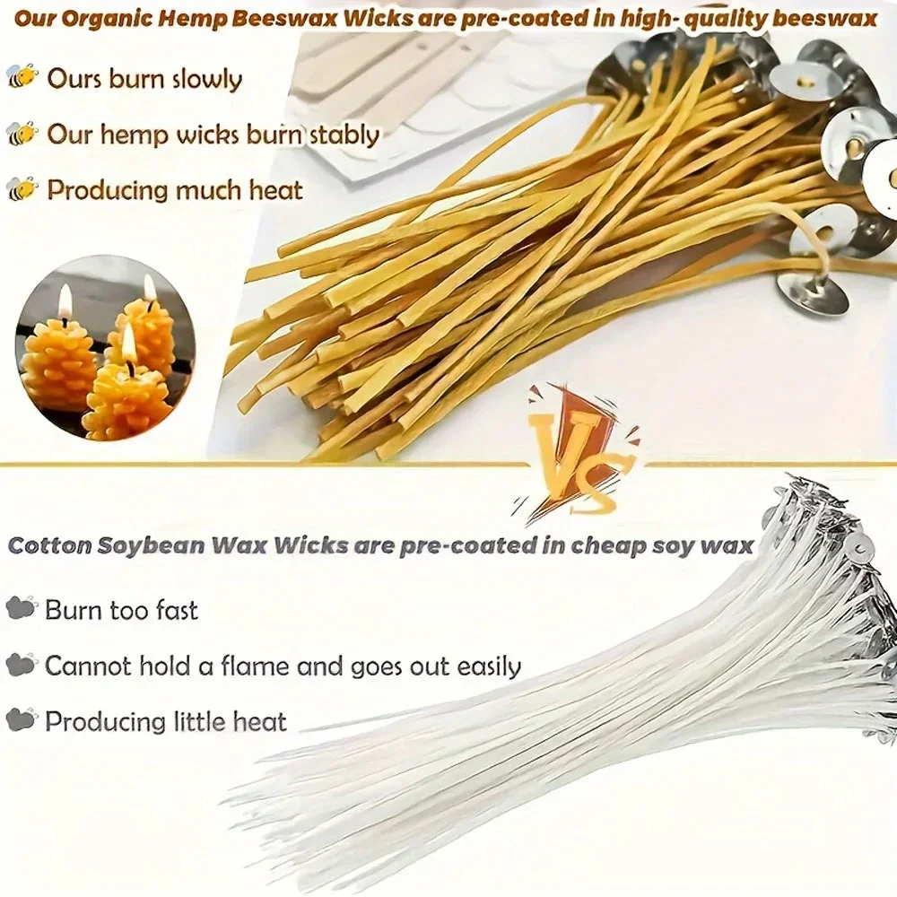Candle Wicks 50 PCS 8 Inch candle wick,candle wicks Hemp Organic Beeswax for Making DIY Tools Butter Hemp