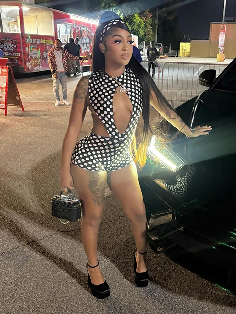 Nibber Hottie Street 2 Piece Set Woman Polka Dot Print o-Neck Hollow Design Bodysuits+Skinny Peach Hip Shorts Sexy Fashion Suits