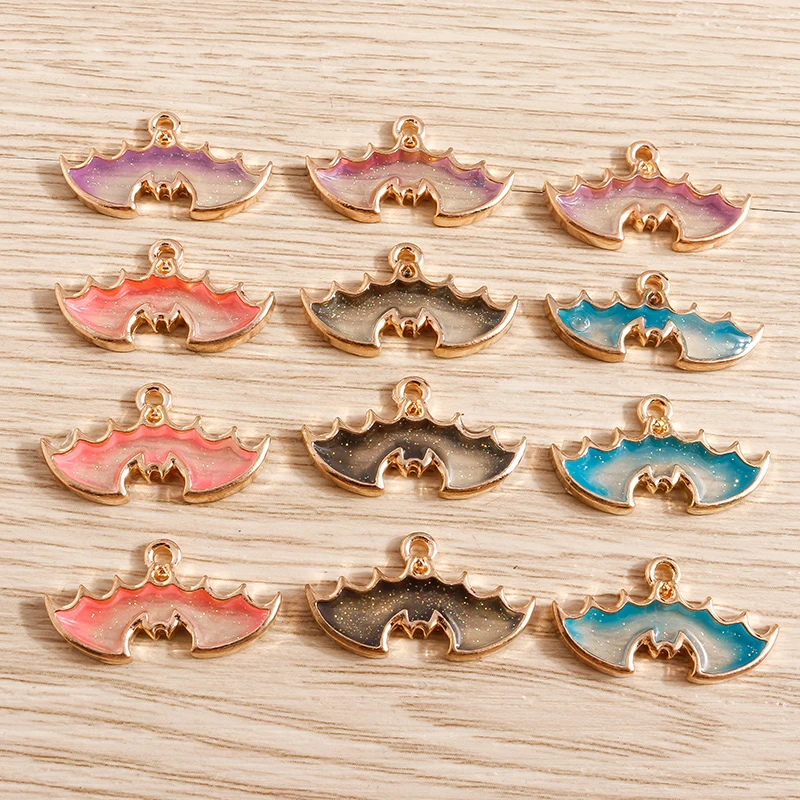 10 Stück 24 x 13 mm niedliche Emaille-Halloween-Fledermaus-Charms-Anhänger für Schmuckherstellung, DIY-Tropfenohrringe, Halsketten, Armbänder, Zubehör