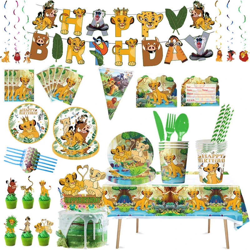 Decoración de cumpleaños del Rey León, vajilla, globos, Kit de pancarta, Fiesta Temática de Simba de Disney, tazas decorativas, platos, mantel, suministros para niños - Imagen 2