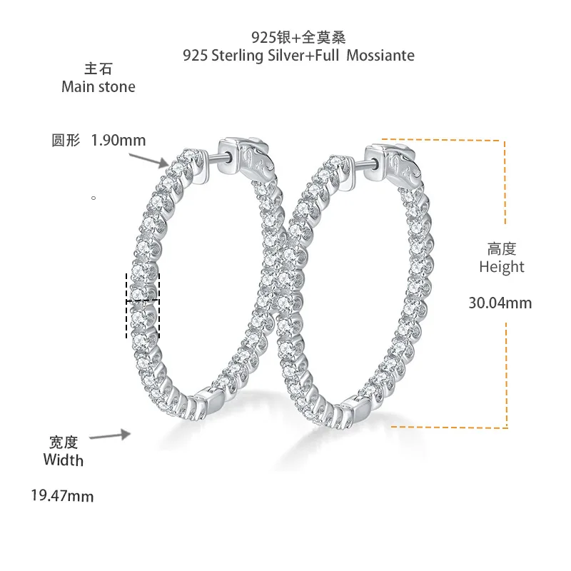 WUIHA 925 Sterling Silver Real GRA Moissanite Diamonds Wedding Engagement 30 MM Hoops Earrings Anniversary Gift Fine Jewelry 2