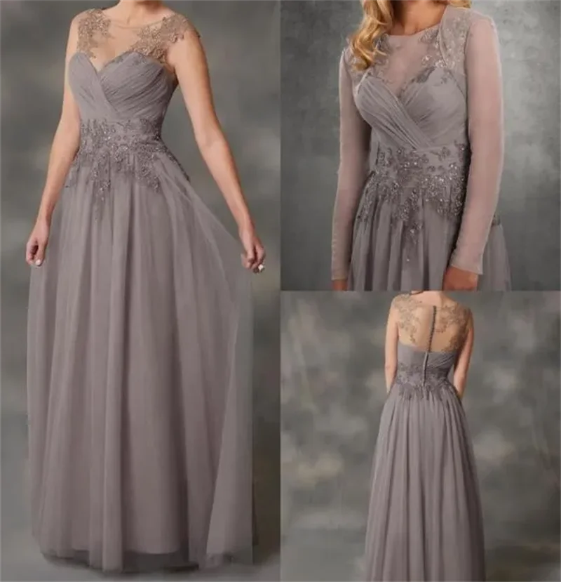 

Elegant A-line Gray Chiffon Mother Of The Bride Dresses With Jacket Applique Lace Dresses Evening Wear Wedding Guest Dress