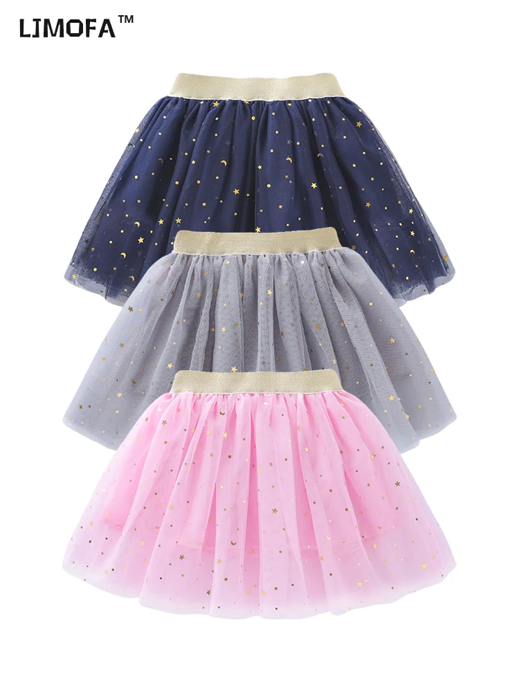 

LJMOFA Summer Kids Mesh Miniskirts Girls Princess Stars Glitter Dance Ballet Tulle Tutu Lace Skirt Party Baby Girl Clothes D235
