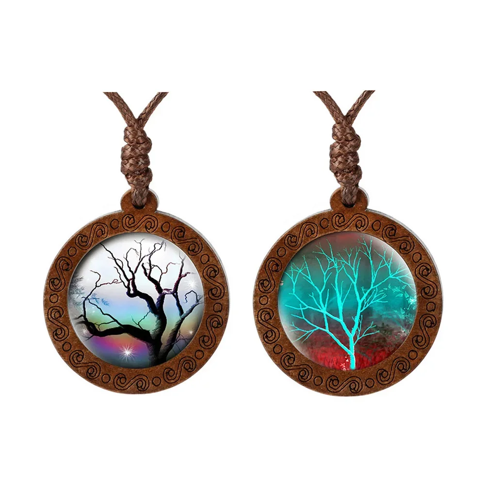 Stammbaum wie des Lebens Kuppel Glas Cabochon Holz Anhänger Halskette für Frauen Männer Schmuck Geschenk mit verstellbaren Wachs Seil Kette