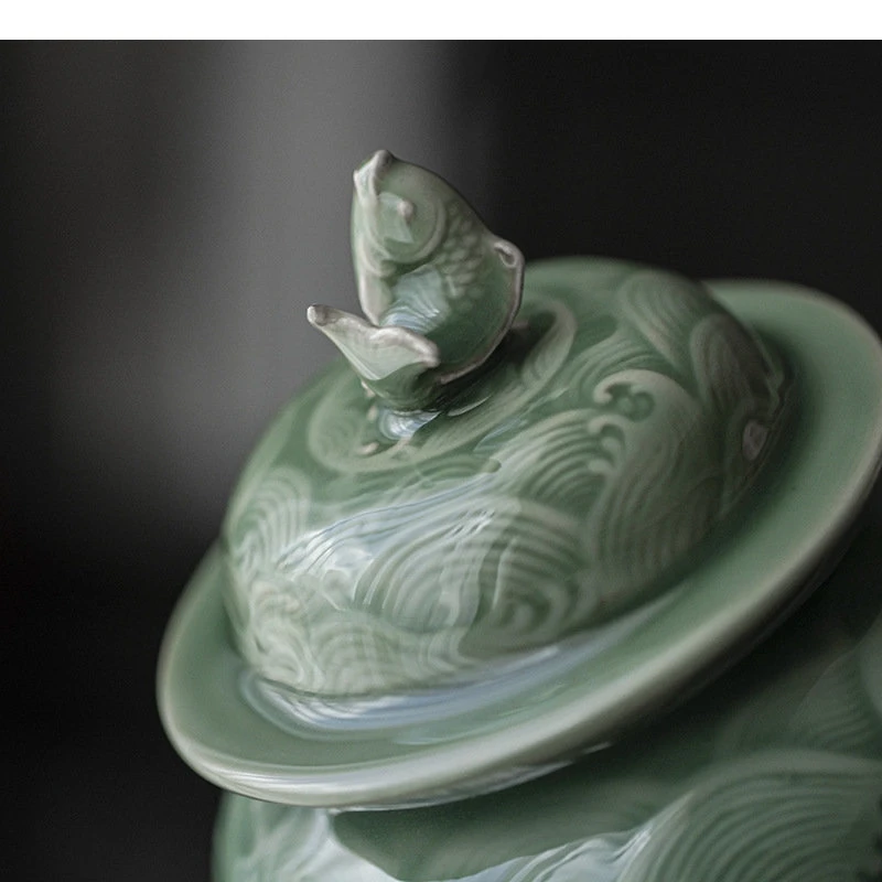 Celadon Relief Ceramic Storage Sealed Pot Kungfu Tea Set Box Chinese Ceremony Accessories