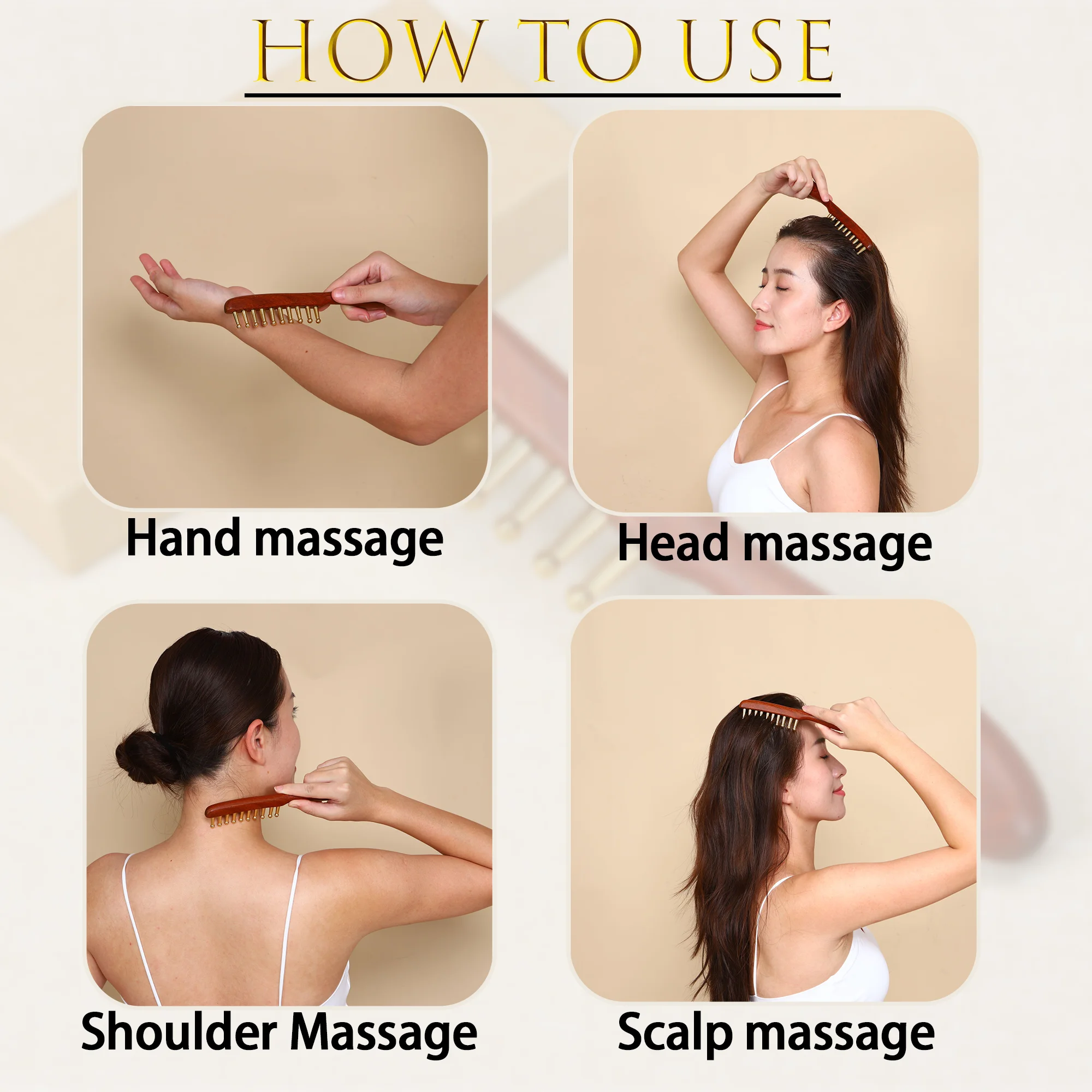 10-Teeth Copper & Wood Massager Comb for Head Meridian Therapy and Relaxation