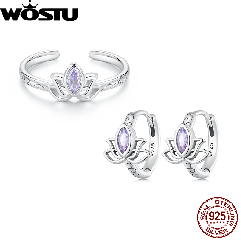 WOSTU 925 Sterling Silver Lotus Flower Hoop Earrings Ring Jewelry Set Plated for Women Jewelry Party Wedding Date Gift