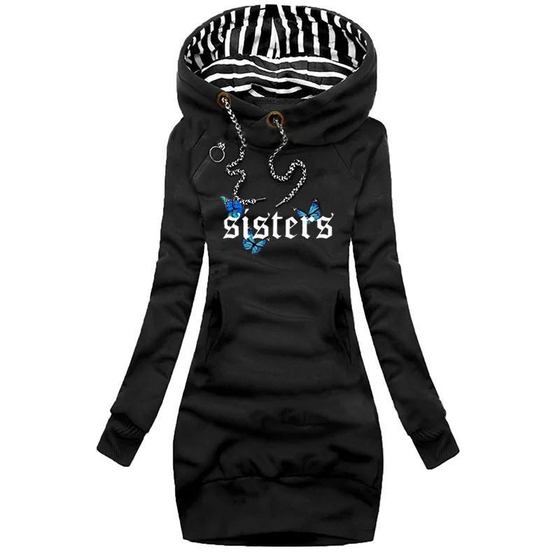

Butterfly Sister Print Dresses Lady Elegent Long Sleeved Hoodie Dress Womens Spring Autumn Slim Hooded Sweater