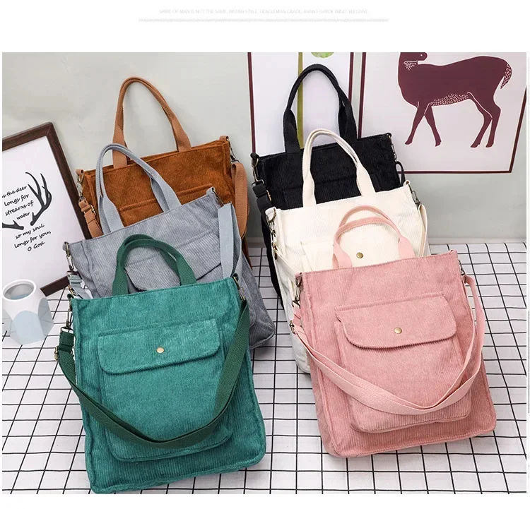

Large Capacity Corduroy Shoulder Bag Women Vintage Shopping Bags Zipper Girls Student Bookbag Handbags Casual Tote Bags Students