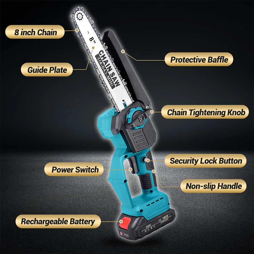 Mini Chainsaw Electric Chainsaw Electric Saw Brushless Chain Saw 3000W 8 Inch Cordless Mini Handheld Pruning Saw Woodworking Electric Cutting Tool For Makita 18V Battery