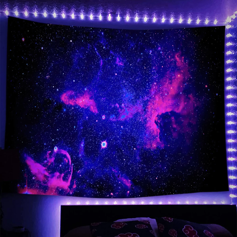 Mistério universo céu estrelado espaço uv reativo fluorescente tapeçaria tapeçaria pendurado trippy planeta preto luz tapeçarias para o quarto