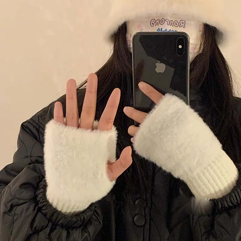 

Mink Fleece Soft Winter Half Finger Gloves Women Warm Luxury Solid White Plush Knitted Fingerless Glove Wrist Mittens Writting