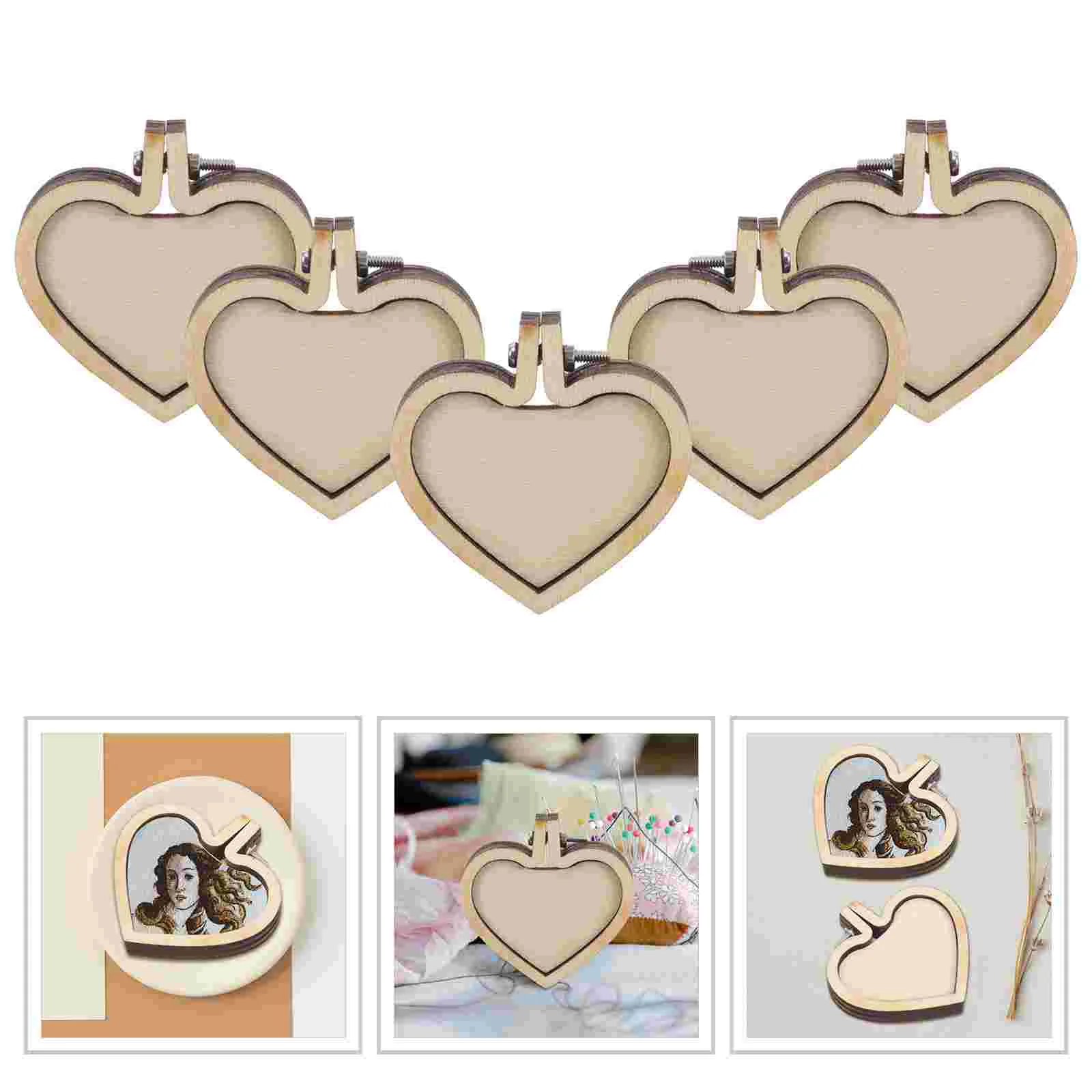10Pcs Mini Embroidery Hoop Heart Shaped Wood Ring Diy Pendant Craft Supplies Cross Stitch Frame Wooden Cutting Jewelry
