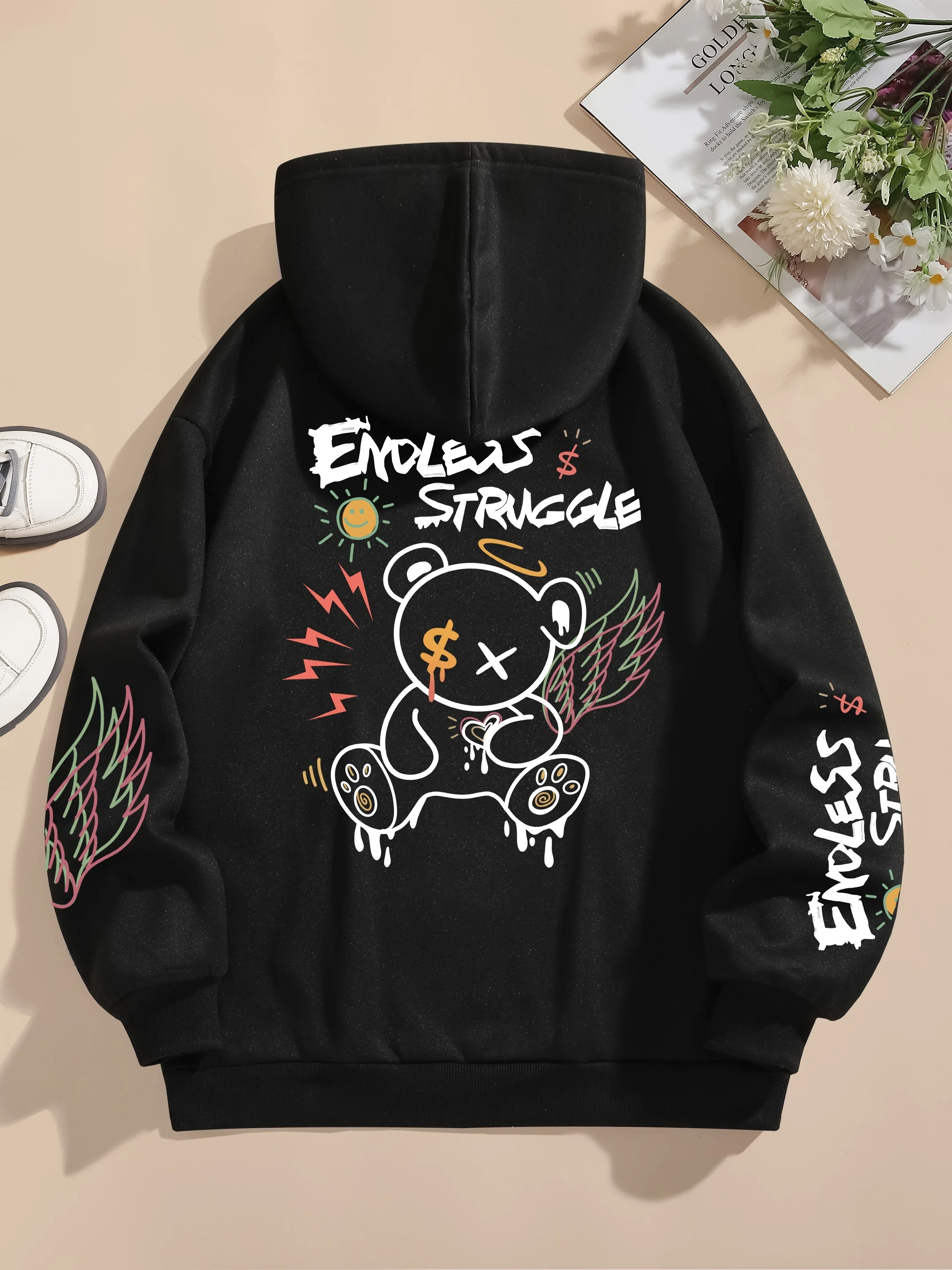 Street Women Sweatshirts Endless Struggle Graffiti Bear Printed Hoodies Crewneck Loose Pullover Fleece Warm Female Tops Clothes 2