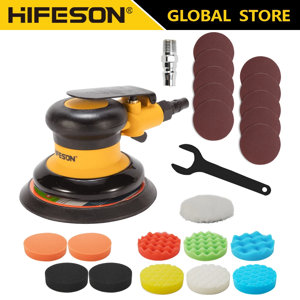 HIFESON Pneumatic  Polisher Air Sander 5'' 125mm Car Paint Care Tool Polishing Random Orbital Palm Machine Wood Working Grinder