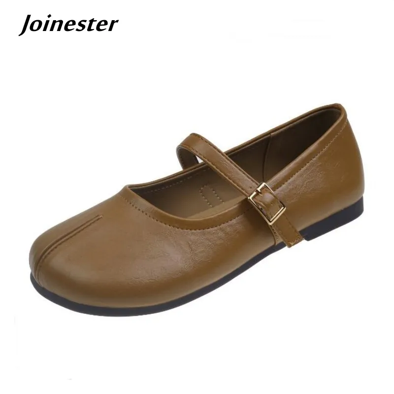 

Women Pure Color Ankle Buckle Strap Flat Shoes Artificial Leather Autumn Round Toe Ballet Shoe Rubber Sole Casual Moccasins