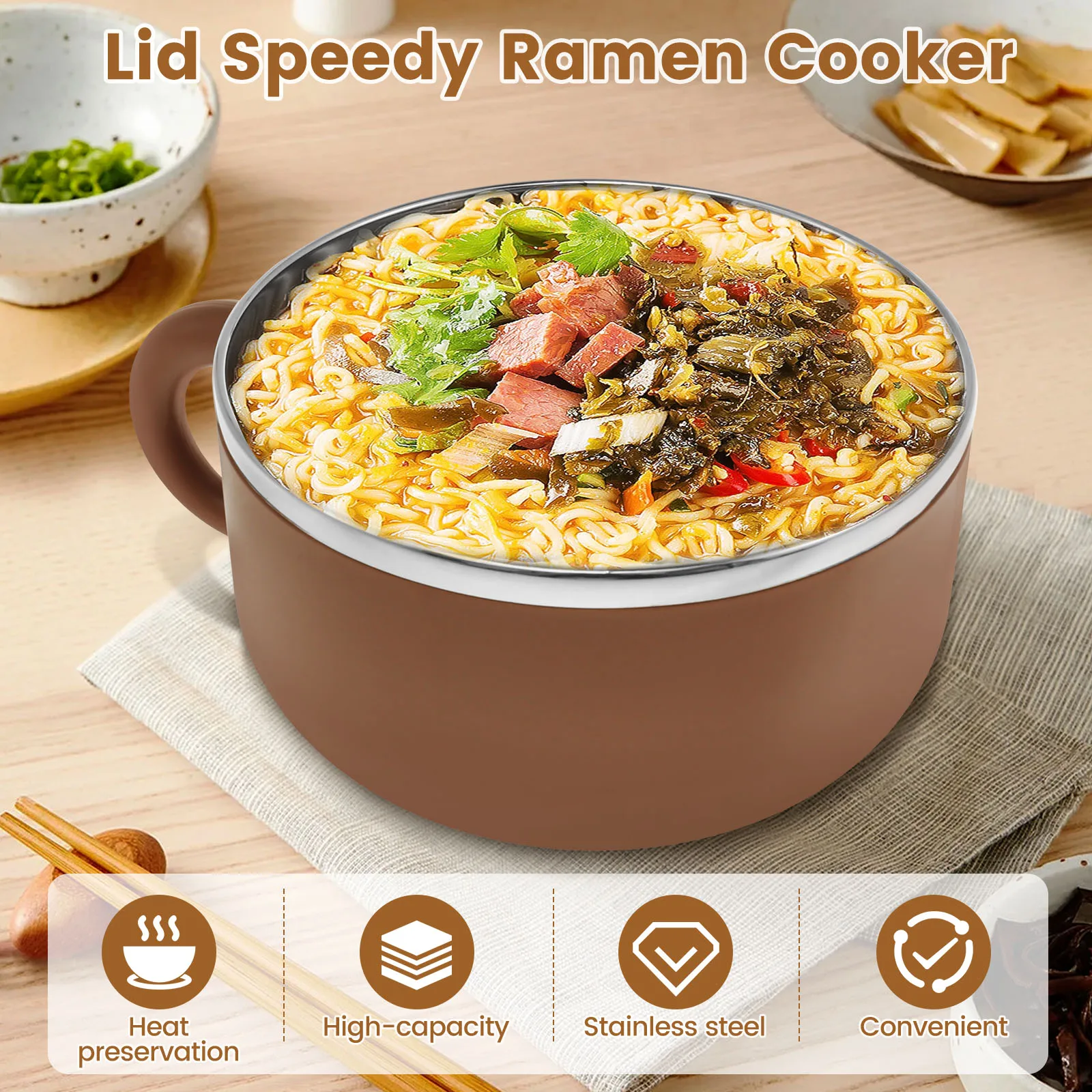 Insulated Ramen Cooker Bowl with Lid and Handle - 1200ml Instant Serving Bowl with Fork
