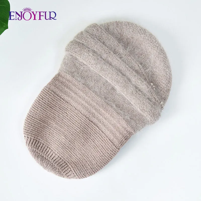 ENJOYFUR Women Winter Hats Warm Fluffy Angora Rabbit Fur Knit Hat Female Fashion Thick Double Layer Casual Bonnet Skull Cap 5