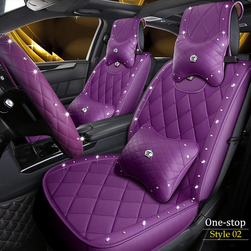 Luxus Auto Sitzbezüge Leder Vorne und Hinten Sitze Automotive Protektoren  Universal mit frau Crown Strass Nieten Styling
