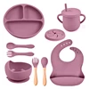 8PCS Baby Feeding Set Waterproof Bibs Kids Sucker Dinner Plate Antislip Bowl Spoon Cup  Children's Tableware Baby Stuff 1