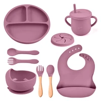 8PCS Baby Feeding Set Waterproof Bibs Kids Sucker Dinner Plate Antislip Bowl Spoon Cup  Children's Tableware Baby Stuff 1