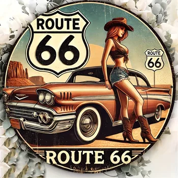 Route 66 Vintage Metal Sign - 8x8" Round Aluminum Wall Art, Retro Car & Cowgirl Design for Home Office