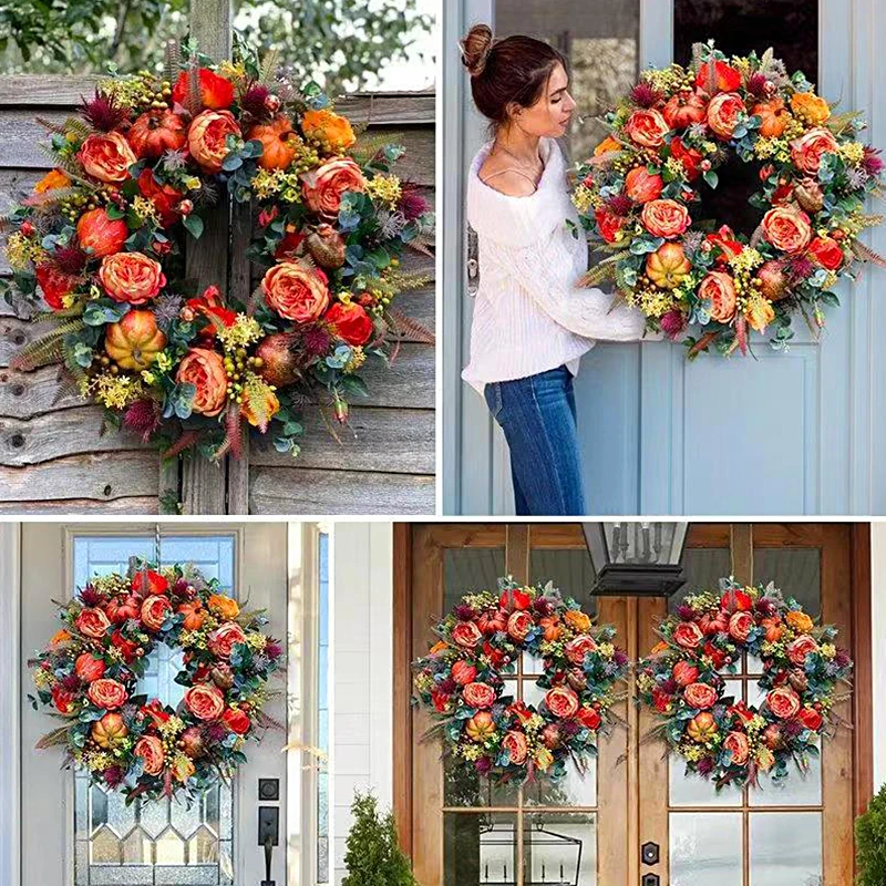 1PCS Door Front Wreath Peony Artificial Flowers Garland Autumn