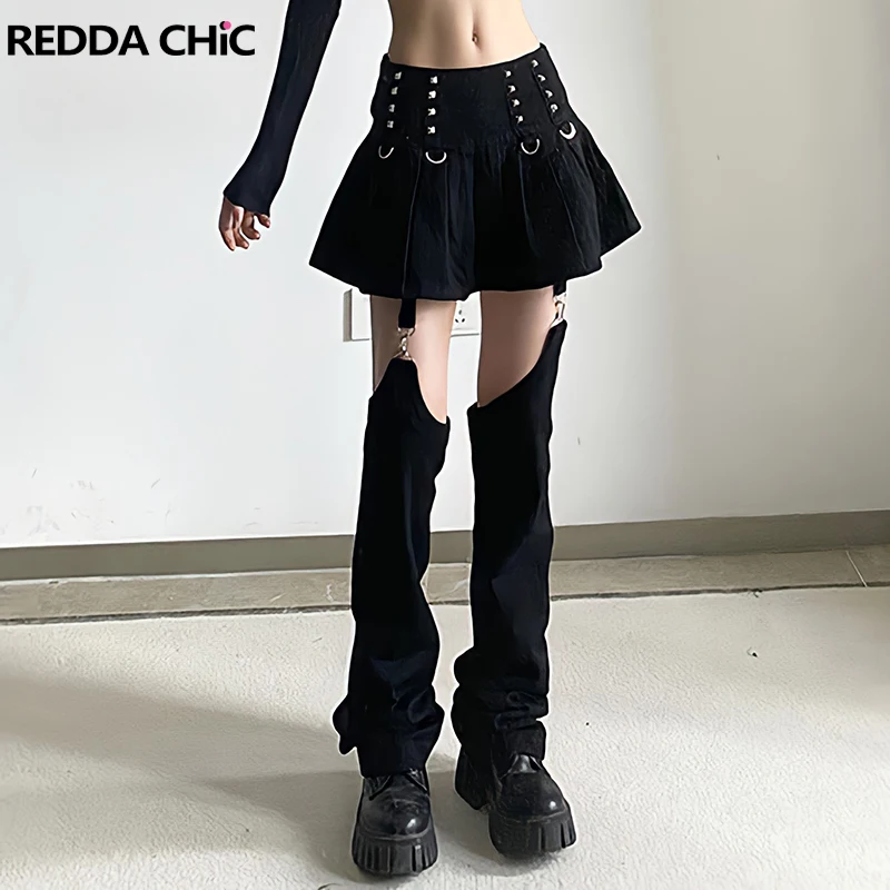 REDDACHiC Women 2-piece Set Rokku Grayu Black Pleated Skirt Denim