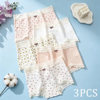 3 pezzi di slip da donna, 95% cotone, comodi e traspiranti, con fascia in pizzo e fiocco, morbidi, sexy.