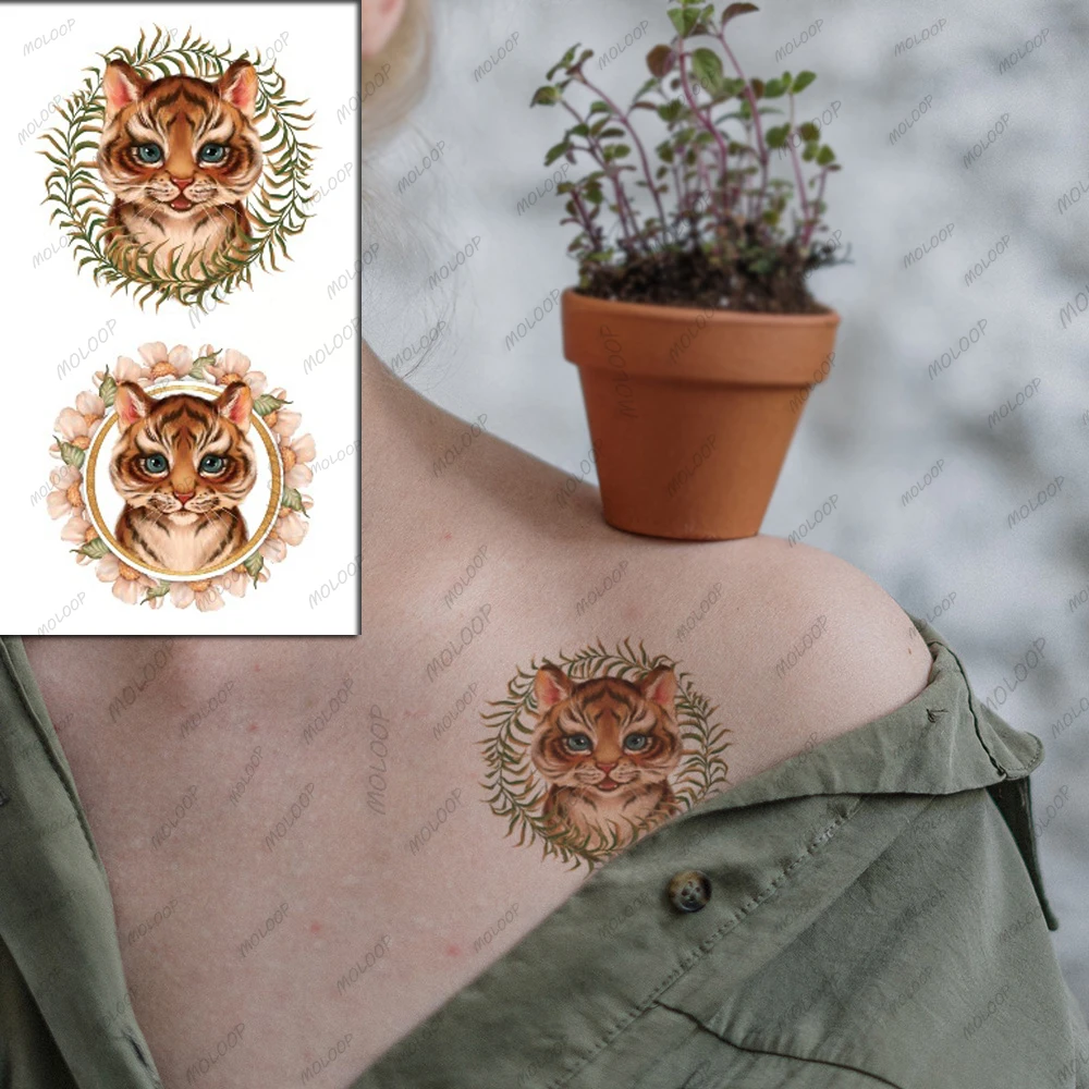 

Temporary Tattoo Stickers Cute Tiger Cat Animal Flowers Leaf Garland for Women Men Kids Fake Tattoos Body Makeup Waterproof Art