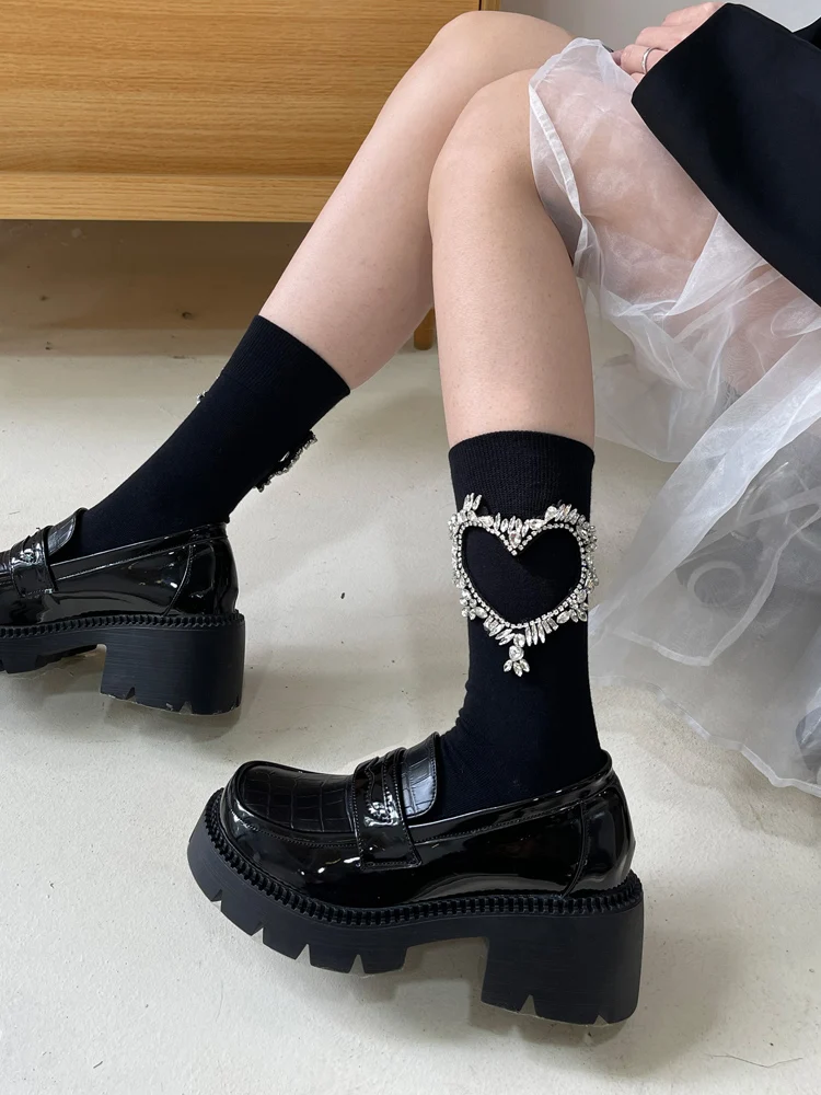 Autumn Winter Socks Luxury Handmade Shiny Rinestone Chain Bunching Socks Love Diamond Black Mid-Calf Length Ankle Boot stockings