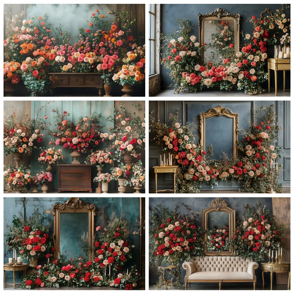 Valentine's Day Photography Backdrop Vintage Gold Frame Flowers Adult Birthday Wedding Maternity Portrait Decor Photo Background