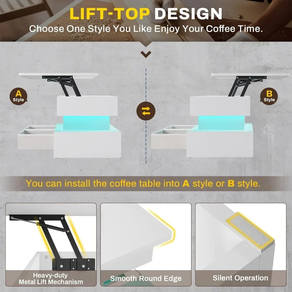Lift Top Coffee Table, Coffee Tables with Storage for Living Room, Small Coffee Table with 2 Fabric Drawers & LED Light 4