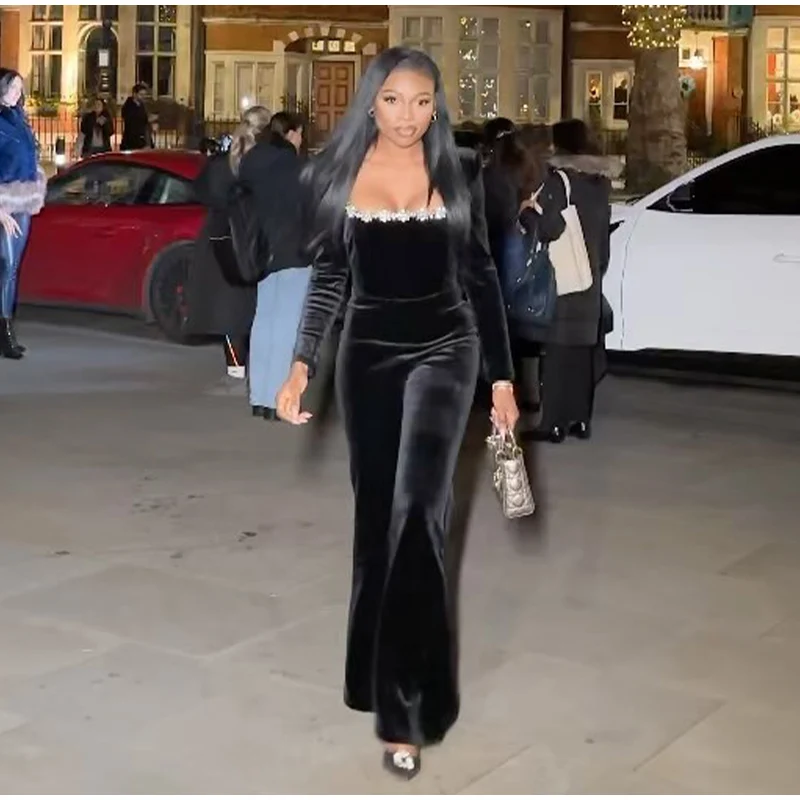 Black Beaded Velvet Jumpsuits For Women One Piece Long Sleeve Square Collar Full Length Jumpsuit Christmas Evening Party Gown
