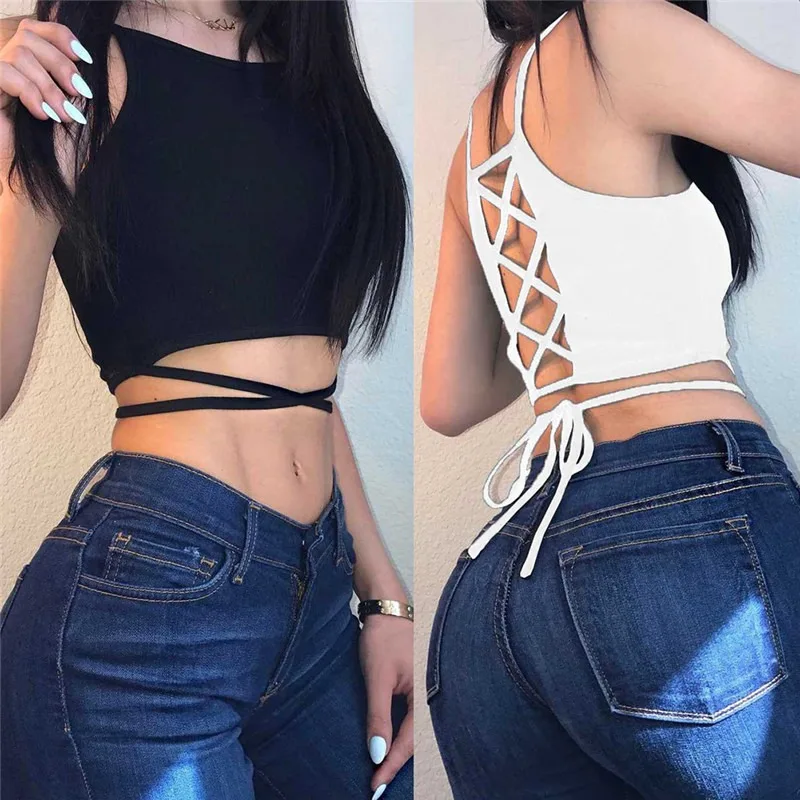 Summer Tee Tops Women Sexy Camis Sleeveless Hollow Out Short Cropped Top Slim Spaghetti Strap Black Lace Up Camisoles