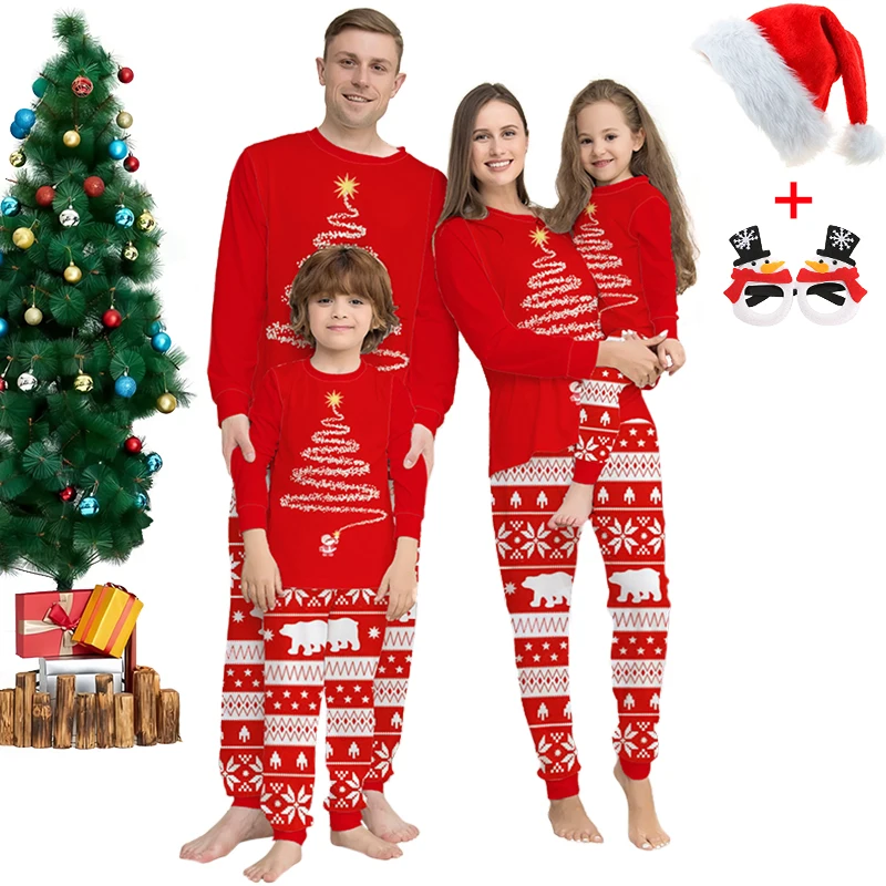 Conjuntos de pijamas navideños de algodón de invierno para toda la familia, pijamas vintage con estampado de árbol de Navidad de Papá Noel para mamá, papá y niños, ropa para el hogar