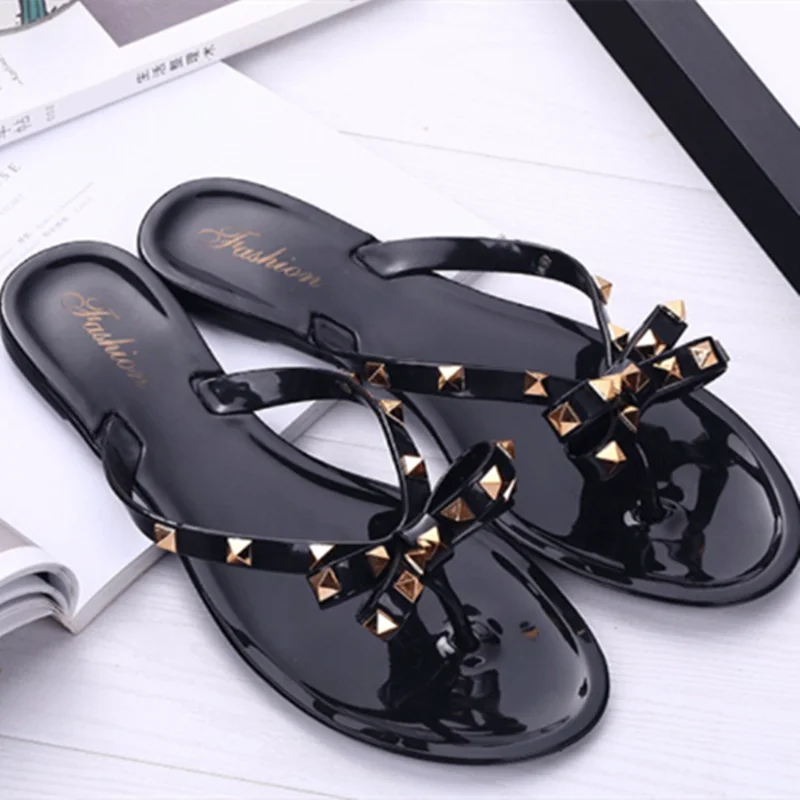 

Women Low Pricing Jelly Shoes Rivets Studs Bow-Knot Leisure Daily Flip-Flops For Raining Days Anti-Slip Flat Slippers Zoris 36